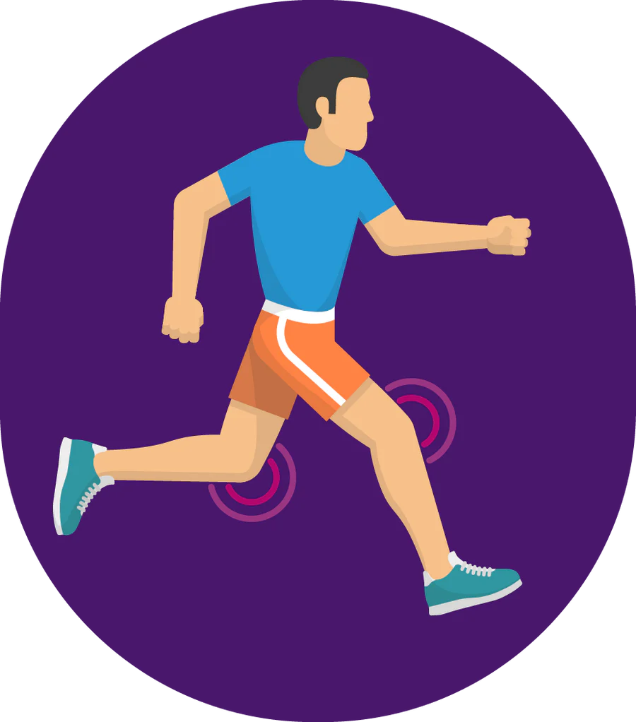 Illustration d’un homme en train de courir avec des douleurs aux genoux mises en évidence, représentant le besoin de traitement pour retrouver sa mobilité.